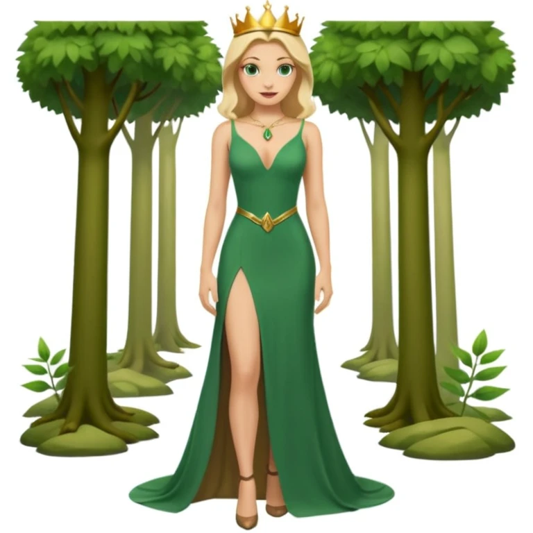 Queen, crown, blonde hair, green eyes, long green tight dress, decoltee,  Leg slit, whole Body, Background forest  emoji