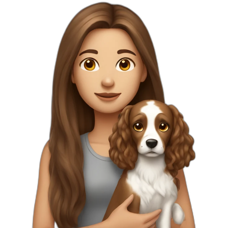 Girl with long brown hair and little griffin dog emoji