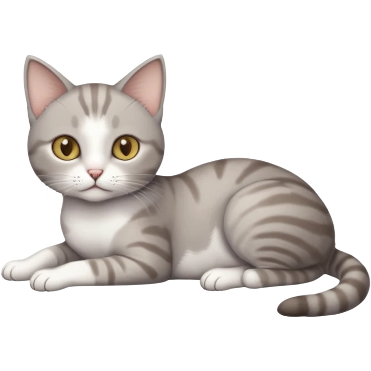 full body tiny short hair grey and white cat with white front legs anh azel eyes lying down emoji