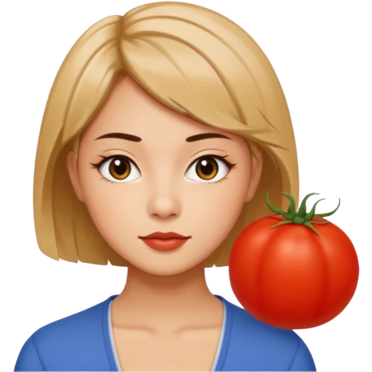 A woman in her 20s with medium short hair without bangs, with double eyelids, a round face shape, with a confident look on her face. And her nickname is tomato. emoji