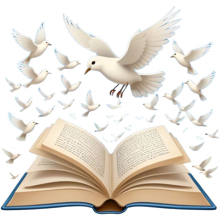Icon for Poetry Reading: an open book with pages flying out, transforming into a large flock of small white birds soaring into the blue sky. The icon should evoke the freedom and beauty of poetic expression. Transparent background. emoji