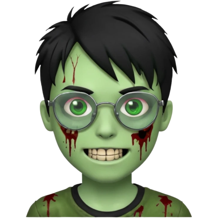 Zombie emo boy, green skin and black hair, chrome heart glasses and a scary smile, scars and blood under eyes emoji