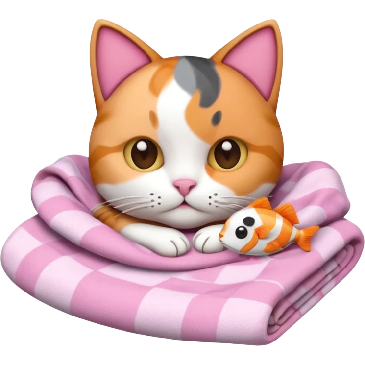 3D iOS-style Apple emoji of a cute calico cat with brown and gray patches, lying in pink blankets, holding a phone with a fishbone icon, cozy and soft scene, cat's face peeking out from the blankets emoji