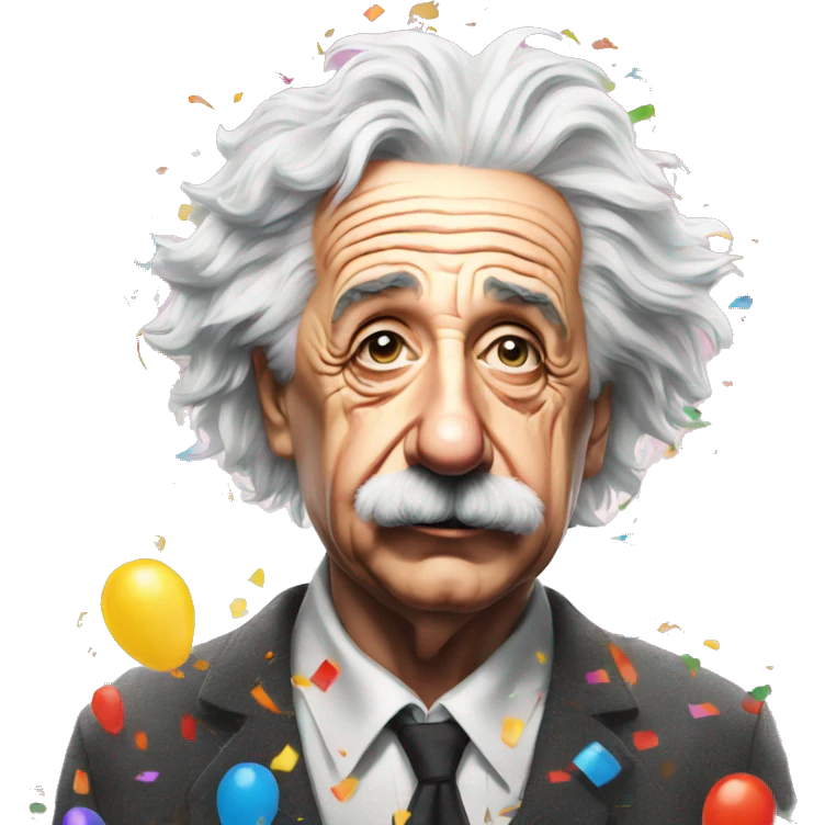 Frustrated albert einstein with lots of colourful confetti and party balloons emoji