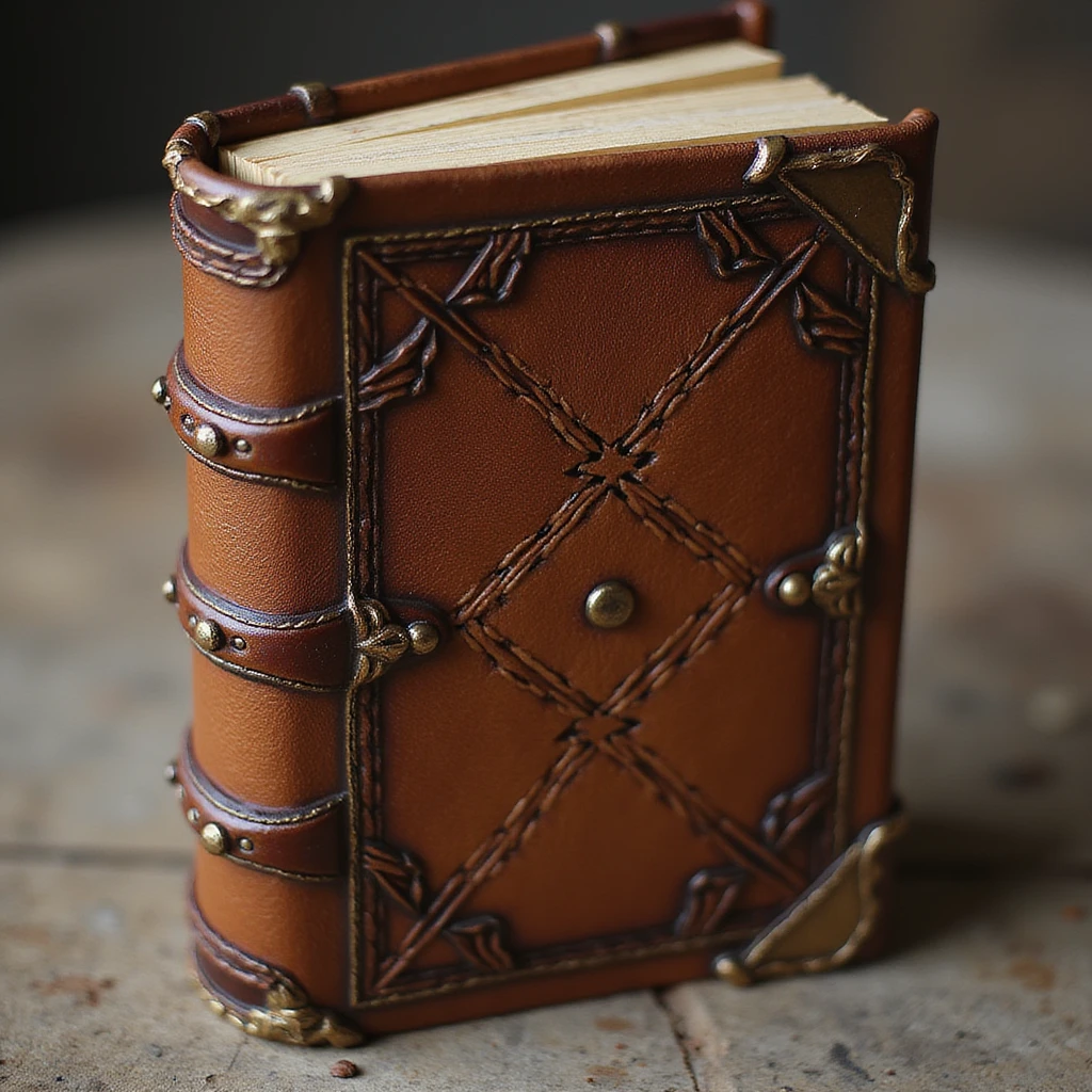 a realistic leather-bound diary, detailed, closed, brown leather, gold-edged pages emoji