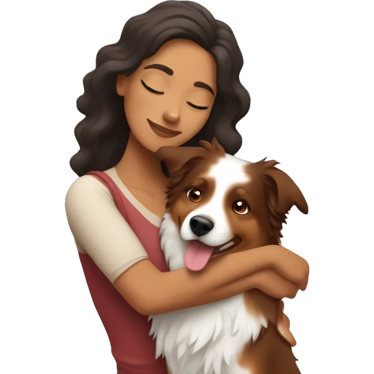 Hispanic woman hugging a red Merle Australian shepherd  emoji