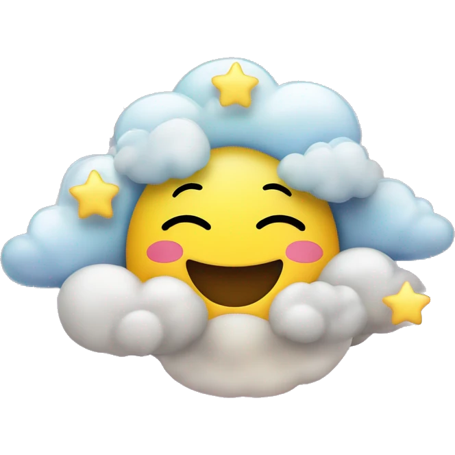 A round emoji of a yellow smiling happy daydreaming emoji face with closed eyes. Add a unicorn, some clouds, some stars and a rainbow to make it dreamy. Make the background transparent. emoji