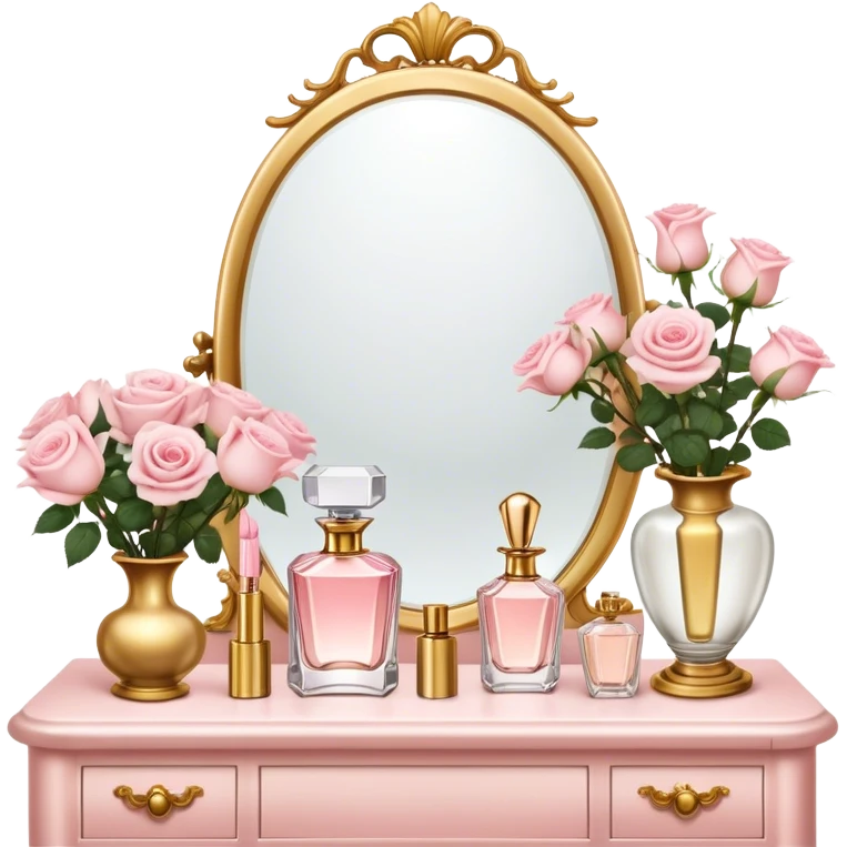 A romantic scene of a vintage vanity with a glass vase of light pink roses and golden perfume bottles emoji