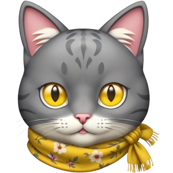 Apple Emoji-style cat head with solid gray fur, no glasses, yellow scarf with a floral pattern, and large yellow eyes. The emoji should only feature the cat's head with no additional body parts. emoji