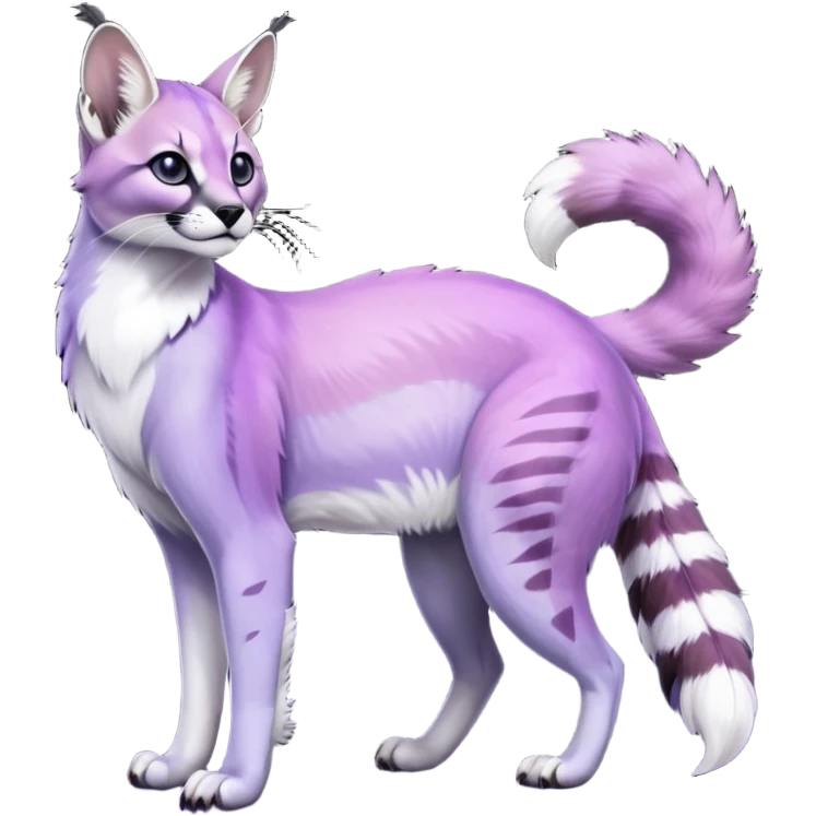Colorful dark tropical pastel-lilac-lavender-violet iridescent pastel white glorious divine exotic cute cool beautiful shiny beautiful fantasy-caracal-civet-genet-sergal-vernid-Gryphon-Cacomistle-Trico-oncilla-animal-Fakémon-hybrid-fursona (full body) emoji