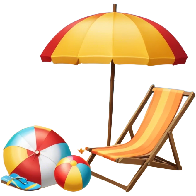 Icon for Beach Tourism: a sandy beach with a sun umbrella, beach ball, and flip-flops, with the ocean waves in the background. The icon should capture the relaxation and fun of a beach vacation. Transparent background emoji