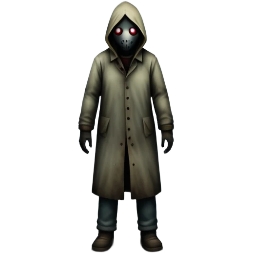 An icon representing a horror game, inspired by Silent Hill 2. The design features a foggy, eerie street with a shadowy figure in the distance. Creepy, dim lighting and dark, abandoned buildings set the tense atmosphere. Transparent background enhances the unsettling mood. emoji