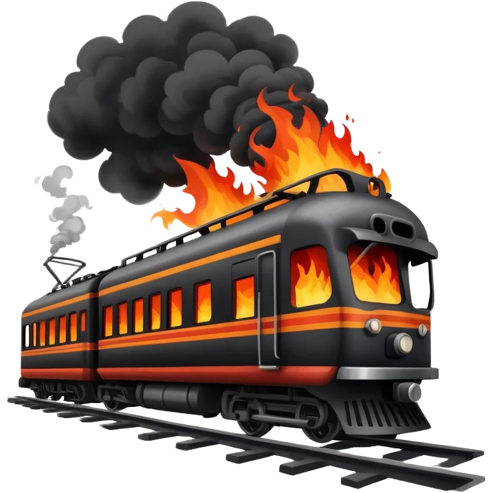 a broken train going up in flames emoji