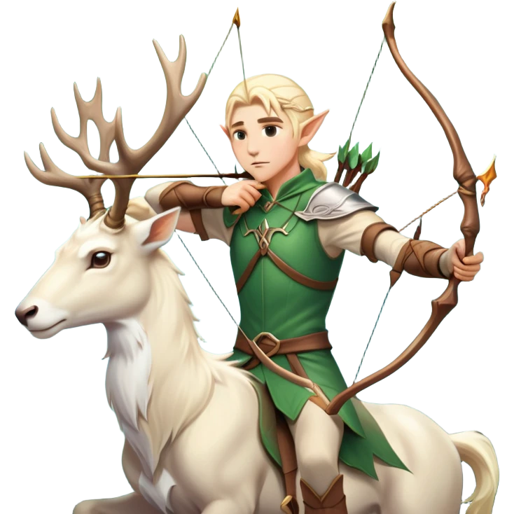 clash-of-clans-aesthetic-blond-male elf-archer-portrait-emoji, rendered in a flat, vector-style with minimal shading and bold holding his bow, simplified shapes, head tilted slightly forward with a determined, focused expression, riding a majestic white stag whose antlers glow with mystical energy, set against an ancient, enchanted forest backdrop. emoji