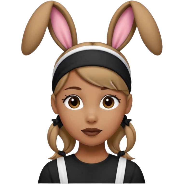 "A tan-skinned person with a high brown ponytail wearing a headband with black bunny ears. The character is dressed in a stylish black outfit. The emoji style should be cute, expressive, and modern — simple but detailed enough to show the ponytail, bunny ears, and outfit clearly." emoji