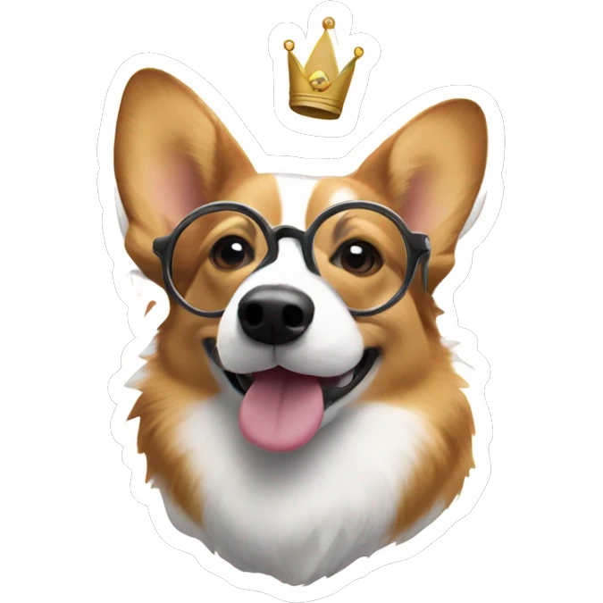 Tri-colored Corgi with a crown and round glasses sniffing the screen emoji
