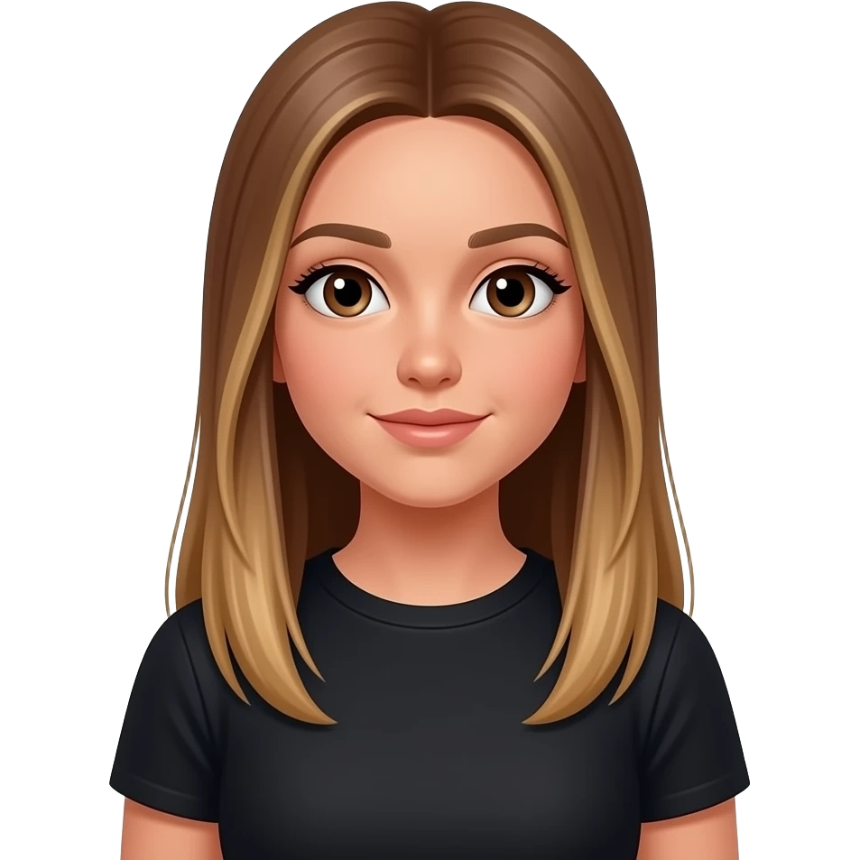 JN - teenage girl, medium suntan, straight extra long medium brown hair blonde at the tips, black crew neck t-shirt emoji