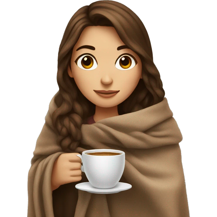 Brown hair Girl drinking coffee, with a cozy blanket emoji