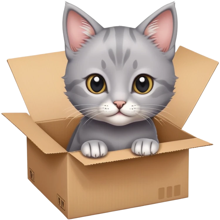  A very cute gery young kitten cat with one's head tilted to one side poked its paws out of the cardboard big box and placed them on top of it emoji
