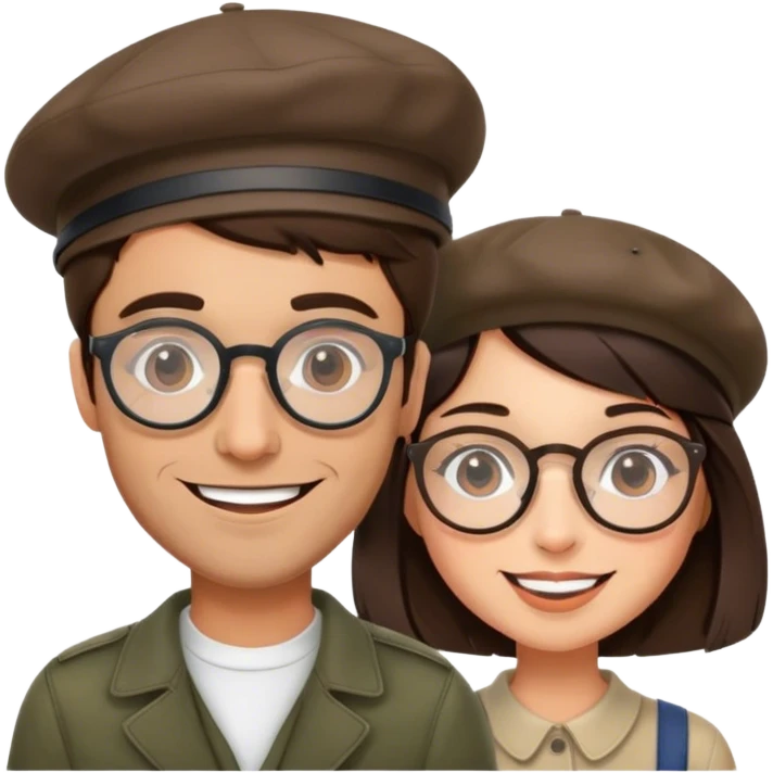 brunette hipster man w wire glasses and brunette girl with bob and a beret emoji
