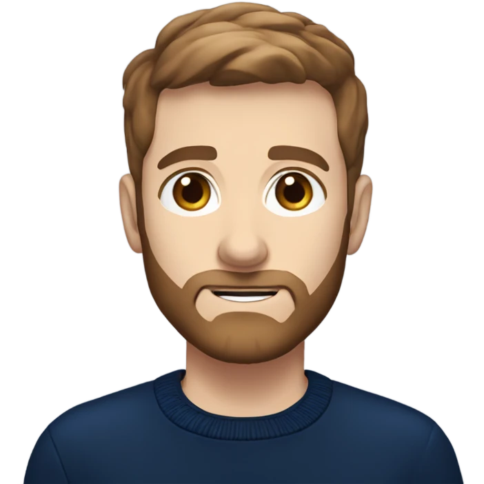 irish man blue eyes, brown short hair and short beard, wearing a smart navy blue jumper. emoji