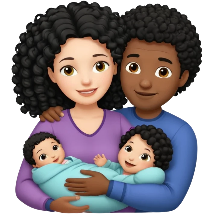 family: white woman curly black hair, black man with short black frizz hair, one 2 y o daughter mixed skin color , and a newborn in the and of the mother emoji