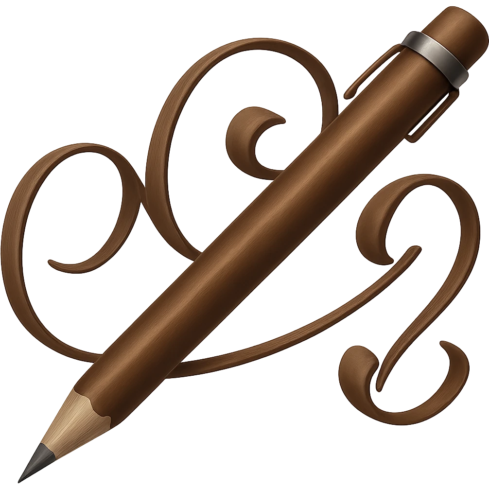 Change the pink writing and pencil to a brown color, keeping the same emoji style and swirly design, with no background. The original style is emoji style, but since emoji style does not support editing, use the general style to preserve the emoji look and swirly design while changing the colors as requested. emoji