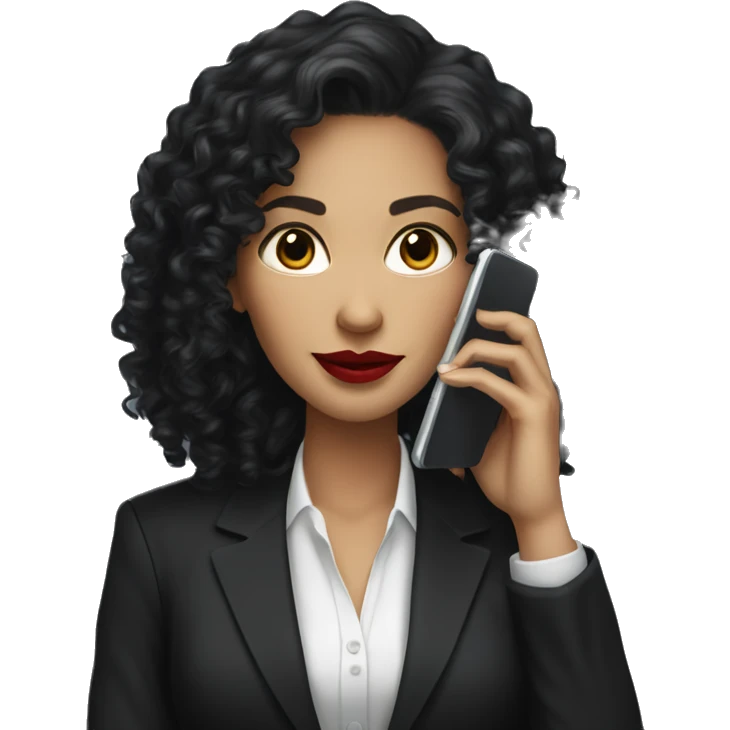corporate white woman, red lipstick, long black curly hair, with a phone, black blazer  emoji