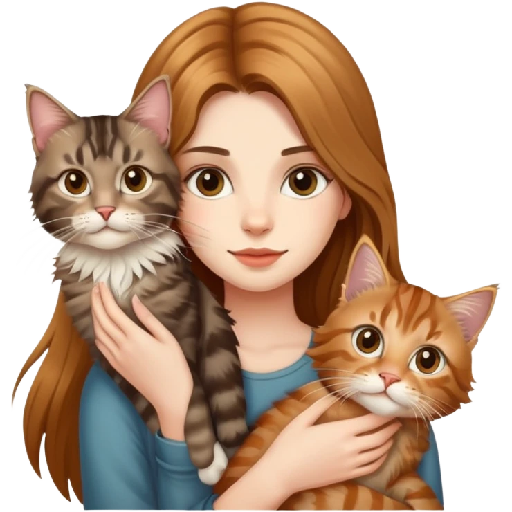 A beautiful girl with fair skin and long hair is holding a tabby cat and a Maine Coon cat emoji