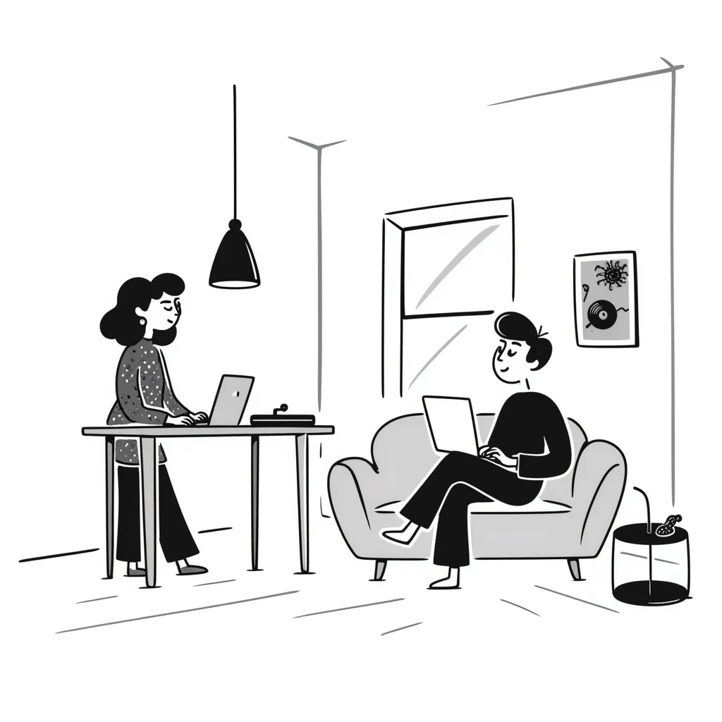 A mid-century modern living room with two people working on laptops — a woman standing working on the laptop and a man sitting on a couch with a laptop. The room has visible floor and two walls forming a corner, large window, modern pendant lamp, turntable, vinyl record stand, retro posters emoji
