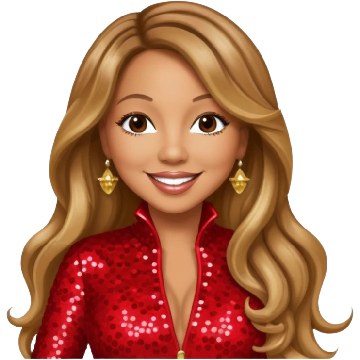 Mariah Carey with long dark blonde hair, red sequin jumpsuit emoji