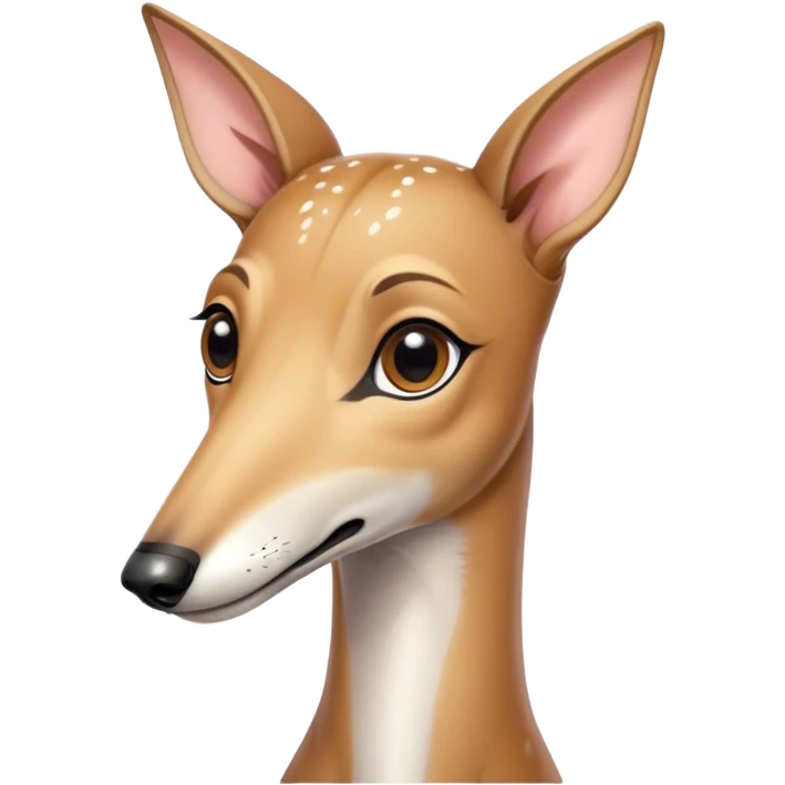 Cinematic Cute Fawn Greyhound Portrait Emoji, Head tilted playfully and inquisitively, featuring a sleek fawn Fur with a gentle sheen, round, sparkling eyes filled with curiosity, Simplified yet irresistibly adorable features, highly detailed, glowing with a warm, friendly glow, high shine, affectionate and nimble, stylized with a touch of whimsy, bright and endearing, soft glowing outline, capturing the essence of a mischievous yet loving racer, so playful it feels like it could sprint out of the screen and into your arms! emoji