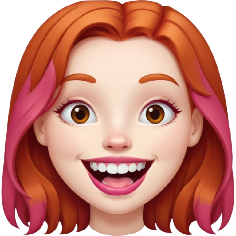 Young girl with pale skin, full pink lips smiling with big teeth, ginger red hair (very long), bigger nose, deep brown eyes (less green), big mouth emoji
