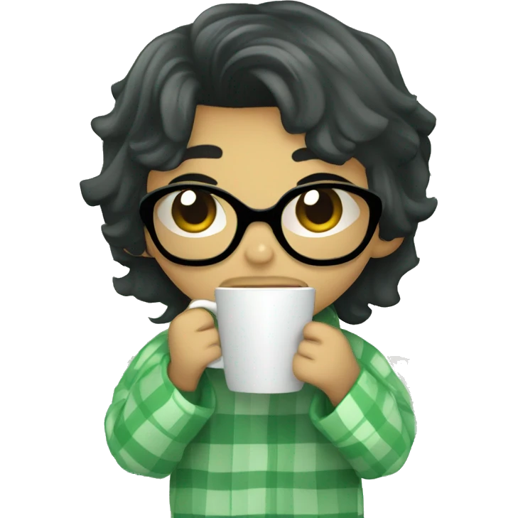 cute black hair boy wrapped in pastel green plaid blanket drinking coffee emoji
