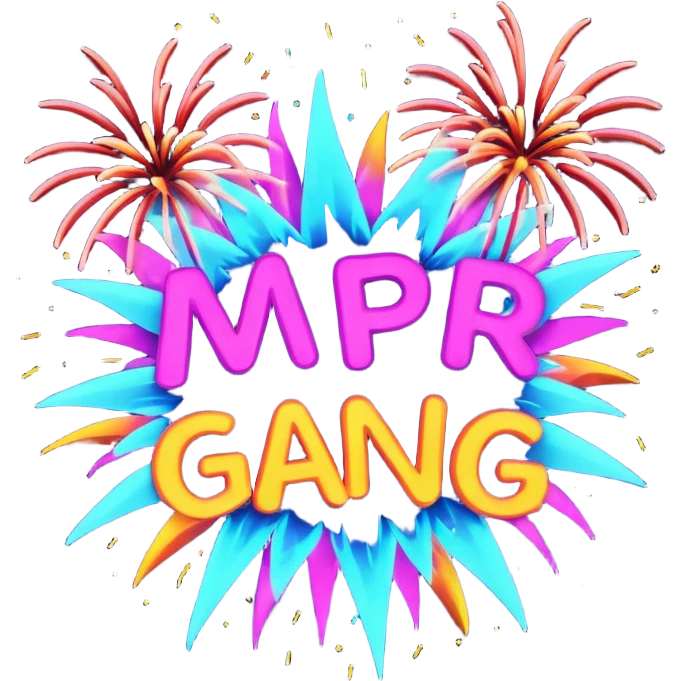 Create a bold, over-the-top emoji-style design featuring the text “MPR Gang” in large, glowing letters surrounded by explosive fireworks, neon colors, and dynamic energy effects. The style should feel celebratory, chaotic, and powerful, like a wild party or epic team victory. emoji