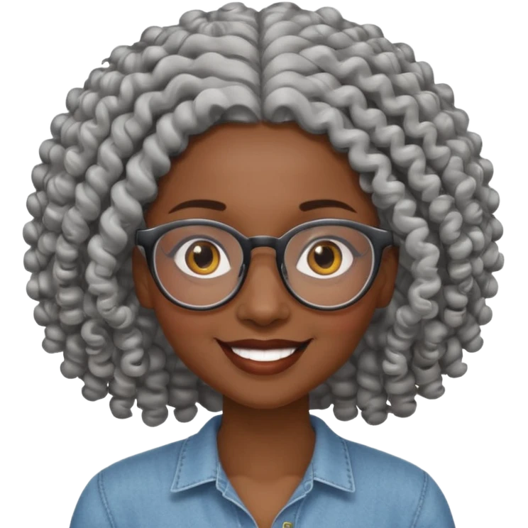 smiling dark black woman wearing glasses with lots of curly gray hair a emoji
