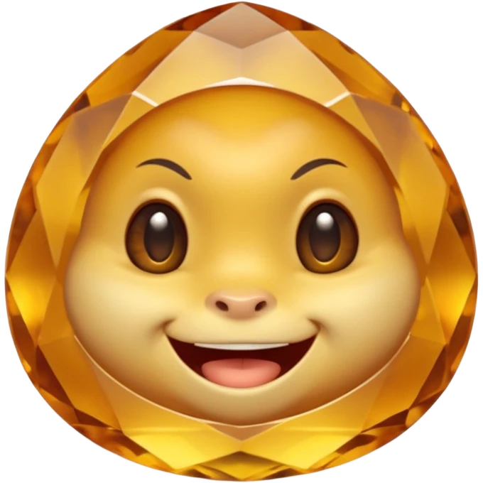 Single gemstone rock character, warm golden citrine, squat and heavy like a rock, with carved facets and tiny surface imperfections, cute round eyes and open smiling mouth, 3D game icon style, plain dark background, no other gems emoji