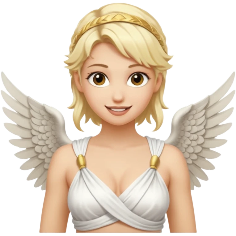 Sexy, edgy, smiling, blond woman, who is a winged, sensual goddess dressed in a very scantily revealing greek toga emoji