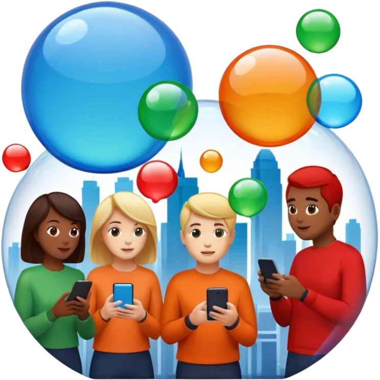 Multiple people inside colorful transparent bubbles, each using a smartphone or laptop. The bubbles are blue, red, orange, and green, with a minimalist cityscape in the background. Realistic emoji style. emoji