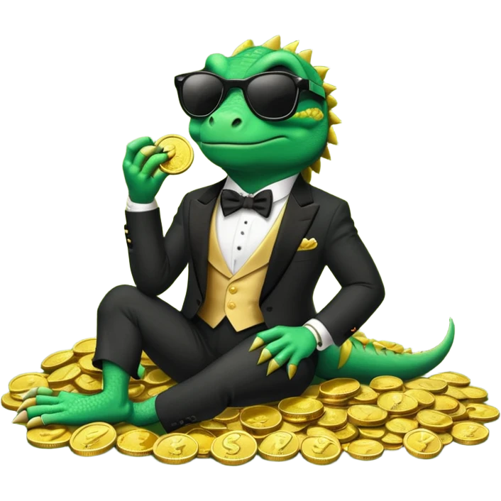capitalist iguana banker in tuxedo and black sunglasses lying comfortly on coins emoji