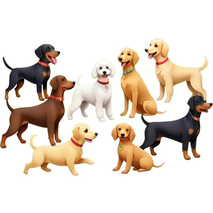 Collage of various dog breeds like Doberman, Poodle, Dachshund, and Golden Retriever, playing in a park with trees and grass. Some dogs run, others sit, all are full of energy and happiness. A joyful, colorful scene with playful expressions. Transparent background. emoji