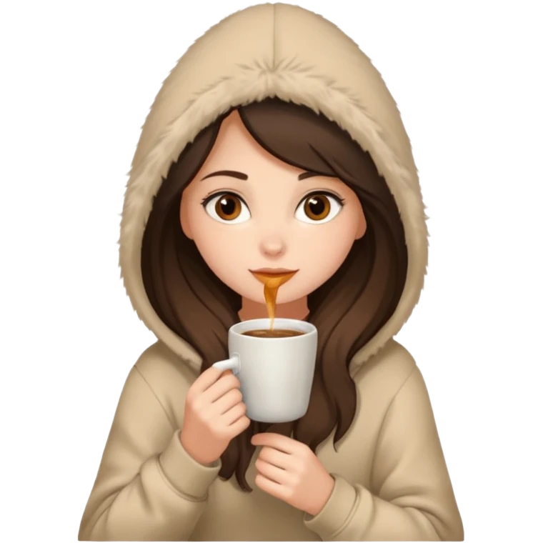 a brunette girl sitting cozily in a beige fur hoodie sipping coffee emoji