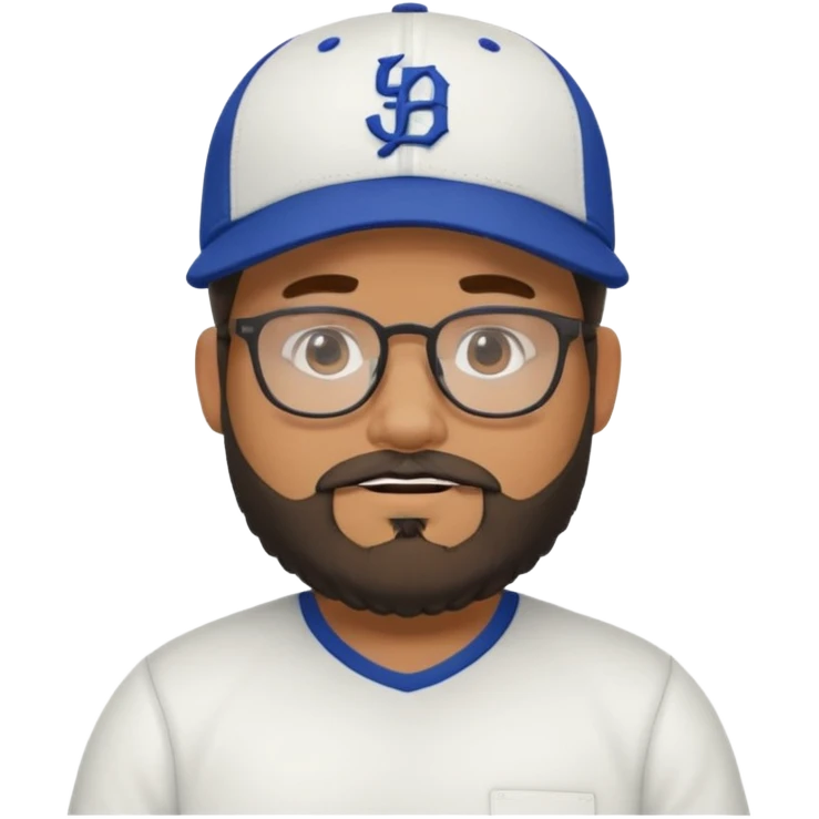 Create a figure that reflects an experienced social media manager but who has youthful and sporty clothing, a little chubby, a New Era cap, glasses, a beard and a slightly funny and friendly face. emoji