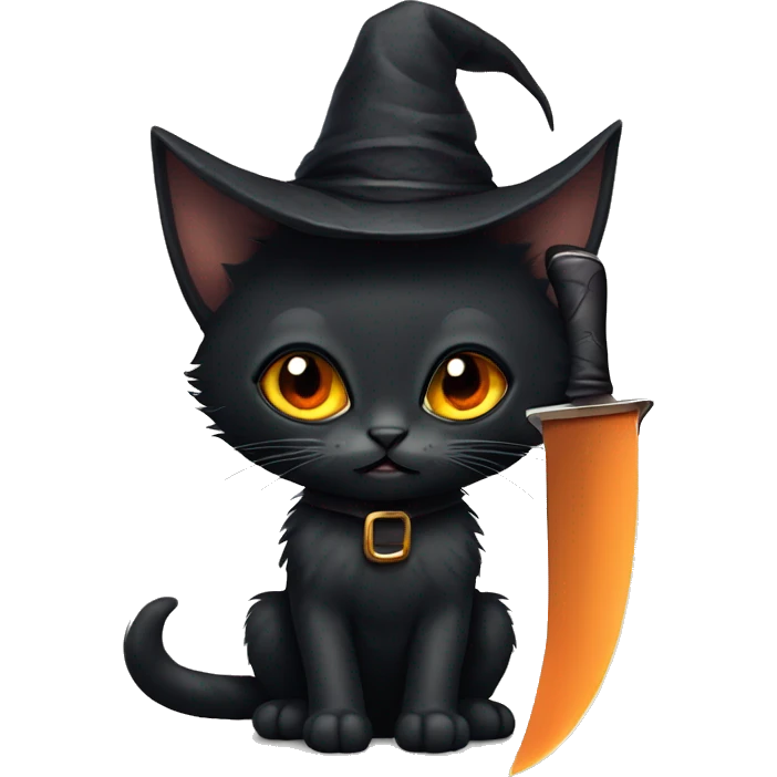 Black kitten with orange eyes with a witch hat and a knife emoji