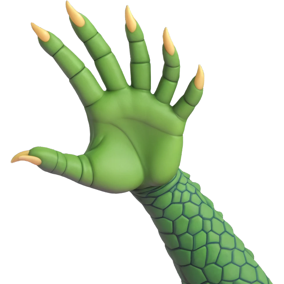 cartoon-style reptile hand palm facing down, green scaly skin, three visible claws, emoji format emoji