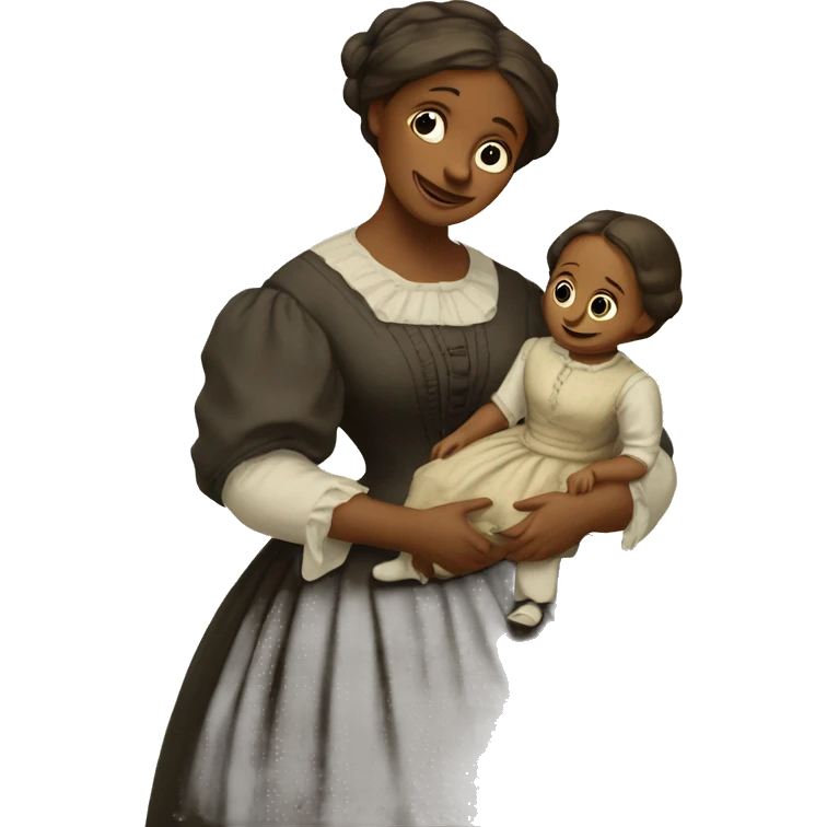 A 19th century woman with a child in her arms. There is a big letter "A" on the dress emoji