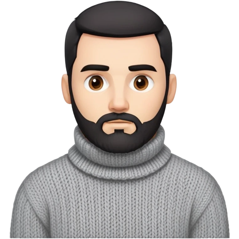 Man with angular square face, neatly trimmed full beard, thick dark eyebrows, short black hair styled back. Serious expression. Wearing a chunky knit light gray sweater with folded turtleneck collar. emoji