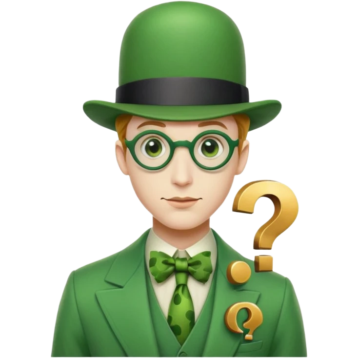 The Riddler villain from Batman with green suit, question mark symbols, bowler hat emoji