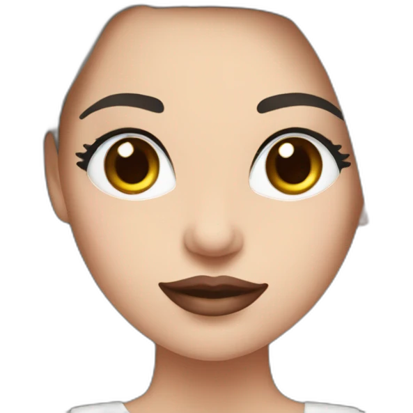 Women with long dark brown straight hair and long eyelashes, blue eyes, pink lips and thick dark brown eyebrows wearing a white dress emoji