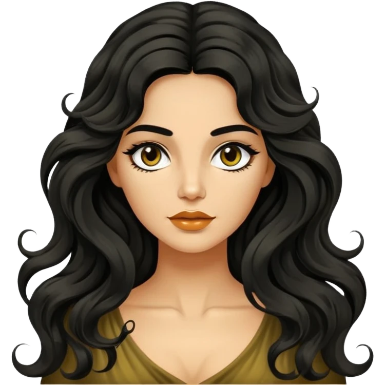 Alluring 1970's greek olive skin shiny long black wavy textured tousled hair emoji